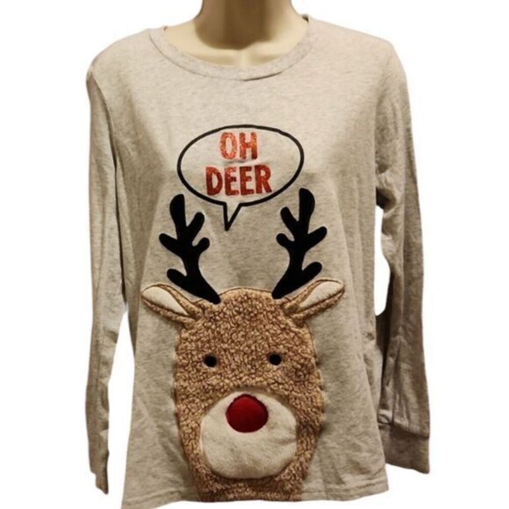 Holiday Time Womens Fuzzy Reindeer "Oh Deer"  Long sleeve T-shirt 🦌‎